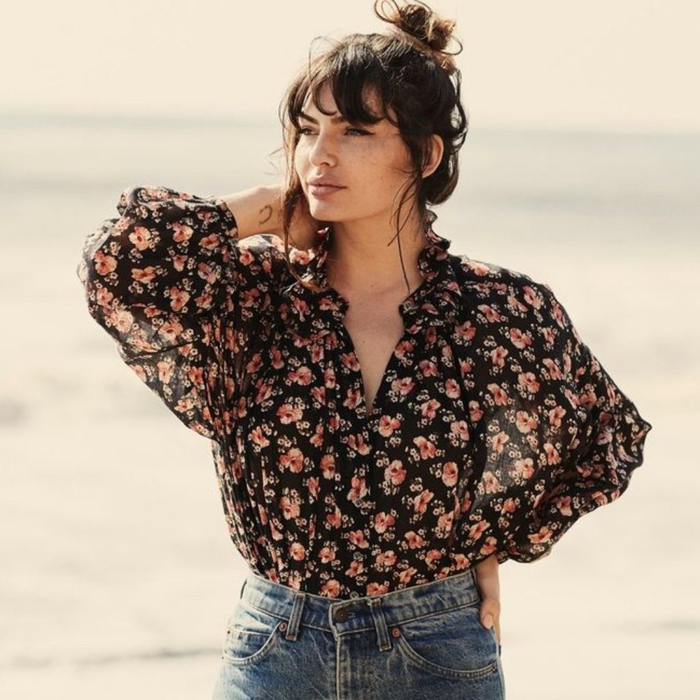 Dôen Rosebay top, black poppy, cotton, Small